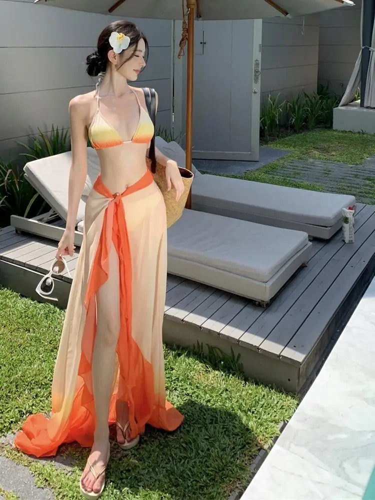 Swimsuit Women Summer Orange Gradient Halter Lace-up Bikini And Bandage Split Long Skirt Three Piece Set Sexy Beach Vacation New