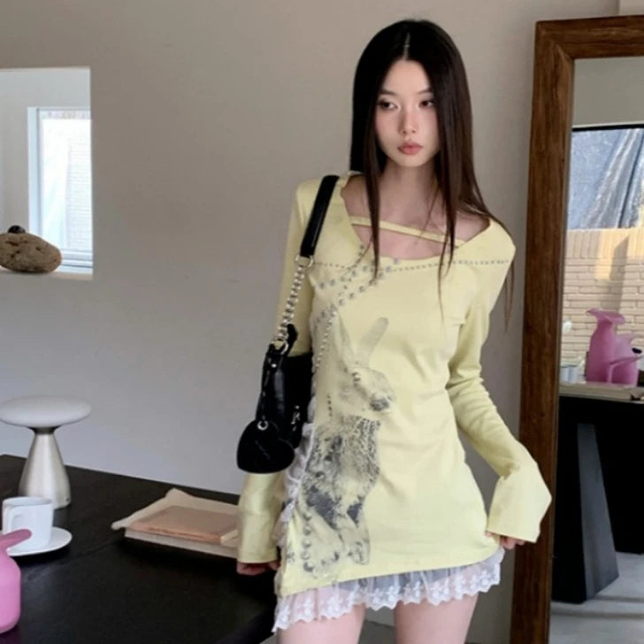 Irregular Lace Patchwork Women Y2k Aesthetic Tops Streetwear Cartoon Printing Slim Fit T-shirt 2025 Harajuku Grunge Fairy Tops