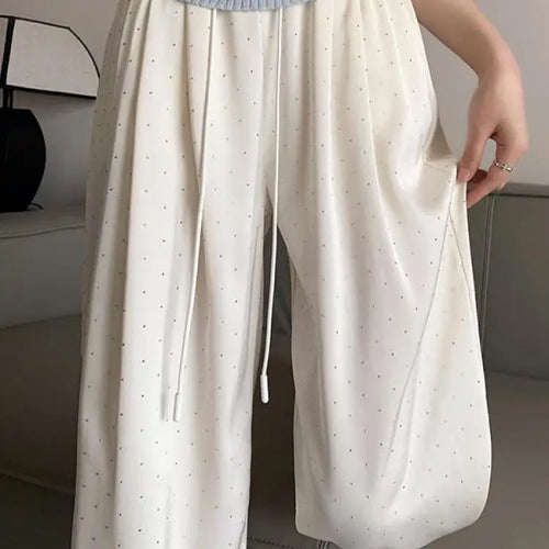 Load image into Gallery viewer, Women Black Diamond Wide Leg Long Pants 2024 Spring Summer White Straight Elastic Drawstring High Waist Lace-up Trousers Casual
