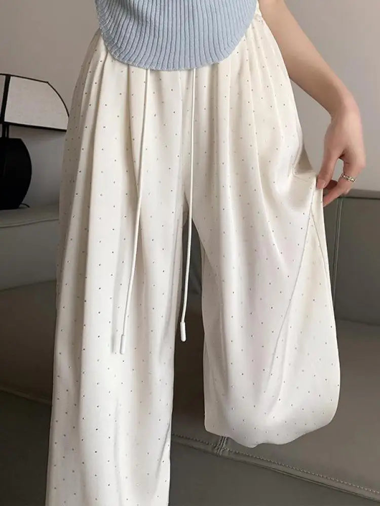 Women Black Diamond Wide Leg Long Pants 2024 Spring Summer White Straight Elastic Drawstring High Waist Lace-up Trousers Casual
