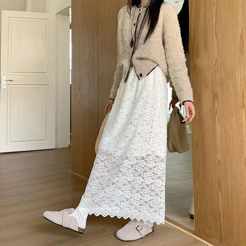 Load image into Gallery viewer, Autumn Winter Vintage White Lace Pleated A-line Split Skirt New Women Black Elegant High Waist Vacation Party Half Long Skirts
