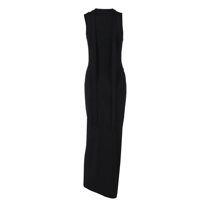 Hollow Out Halter Sexy Maxi Dress Women Summer New Metal Decoration Sleeveless Slim High Waist Long Dress Elegant