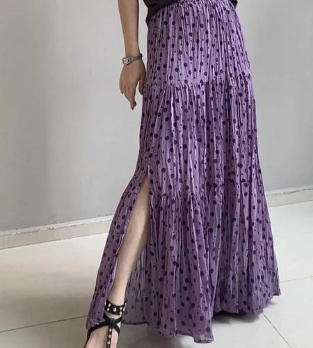 French Fashion Spring Summer Purple Polka Dot Vacation Pleated Long Skirts Women Elegant High Waist Slim A-line Split Skirt Boho
