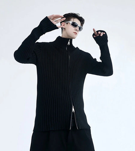 Personality Darkwear Double Zipper Sweater Casual Versatile Stripe Solid Color Zipper Male Pullover 9A5549