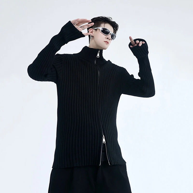 Personality Darkwear Double Zipper Sweater Casual Versatile Stripe Solid Color Zipper Male Pullover 9A5549