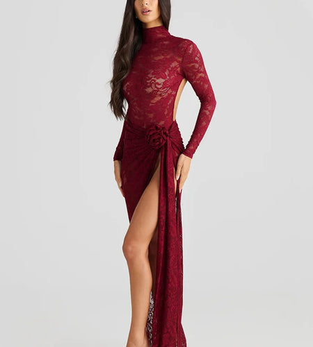 Sexy Lace Slim Perspective Two-piece Set Women High Neck Backless Jumpsuit Side Stitching Long Skirt Holiday Set 2025