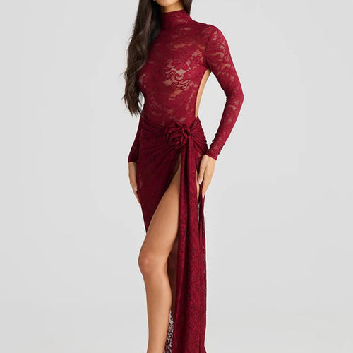 Load image into Gallery viewer, Sexy Lace Slim Perspective Two-piece Set Women High Neck Backless Jumpsuit Side Stitching Long Skirt Holiday Set 2025
