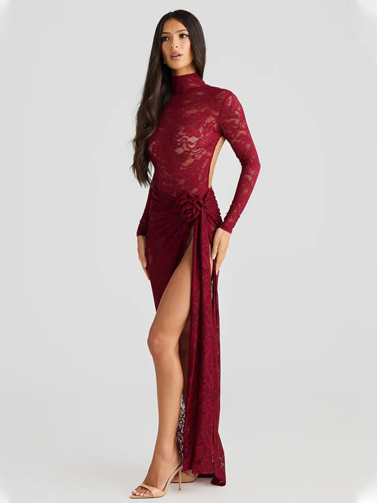 Sexy Lace Slim Perspective Two-piece Set Women High Neck Backless Jumpsuit Side Stitching Long Skirt Holiday Set 2025