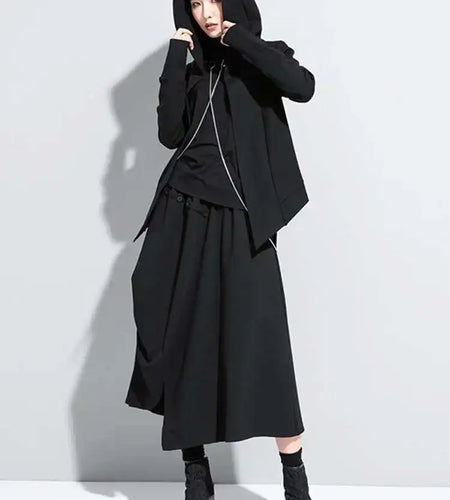 Loose Fit Black Brief Irregular Short Jacket New Hooded Long Sleeve Women Coat Fashion Tide Spring Autumn 2025 1Z591