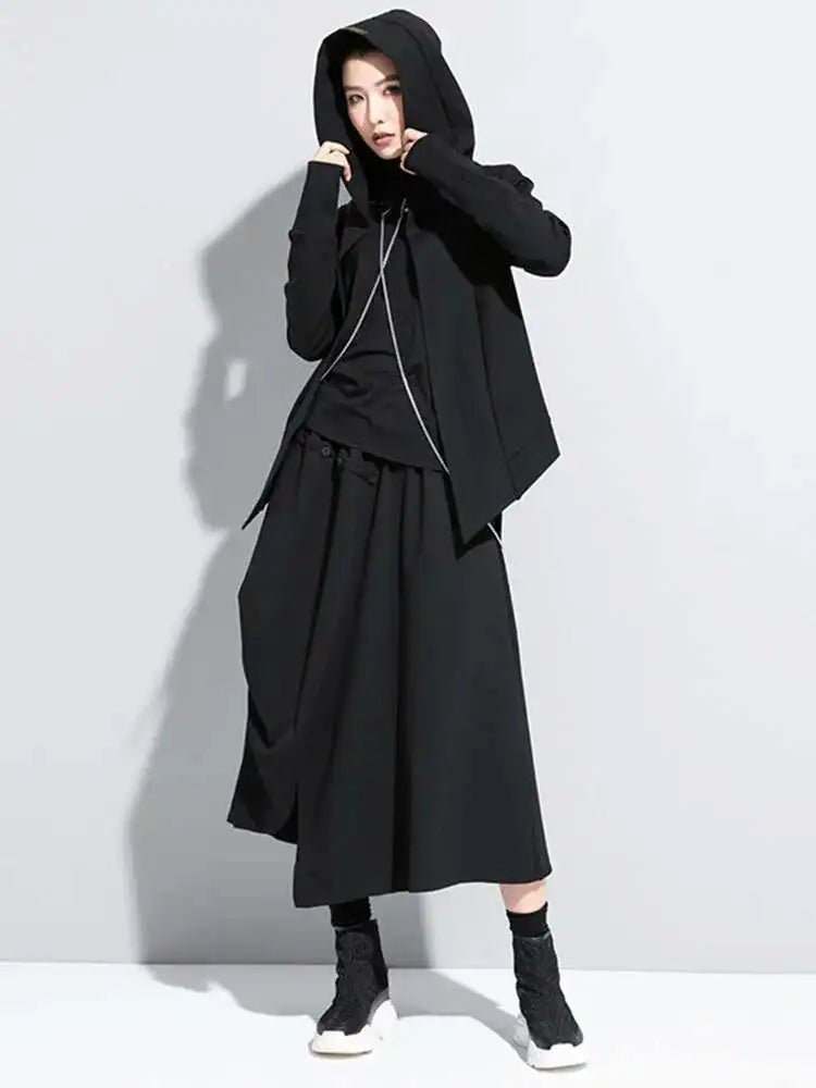Loose Fit Black Brief Irregular Short Jacket New Hooded Long Sleeve Women Coat Fashion Tide Spring Autumn 2025 1Z591