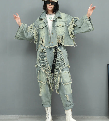 Blue Denim Holes Tassels Big Size Casual Jacket New Lapel Long Sleeve Women Coat Fashion Tide Spring Autumn 2025 1DH9908