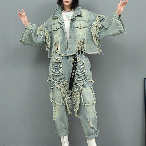 Load image into Gallery viewer, Blue Denim Holes Tassels Big Size Casual Jacket New Lapel Long Sleeve Women Coat Fashion Tide Spring Autumn 2025 1DH9908
