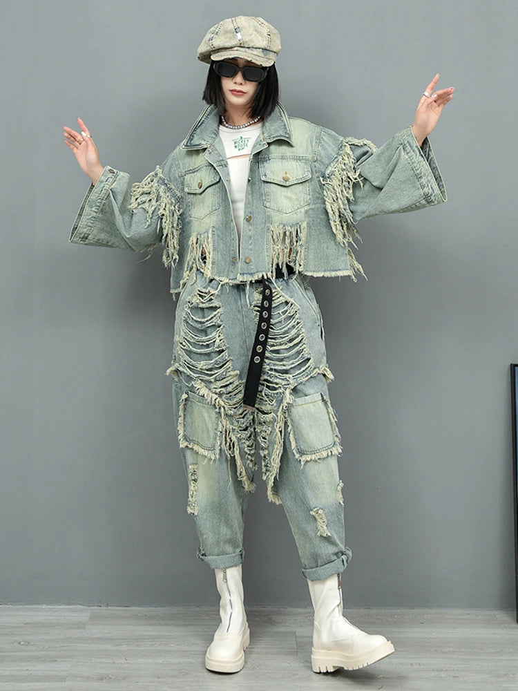 Blue Denim Holes Tassels Big Size Casual Jacket New Lapel Long Sleeve Women Coat Fashion Tide Spring Autumn 2025 1DH9908