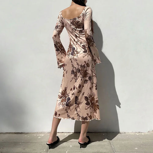 Load image into Gallery viewer, Vintage Fashion Square Neck Long Dress Female Y2K Flowers Printed Elegant Autumn Dress 2000s Aesthetic Party Clothing
