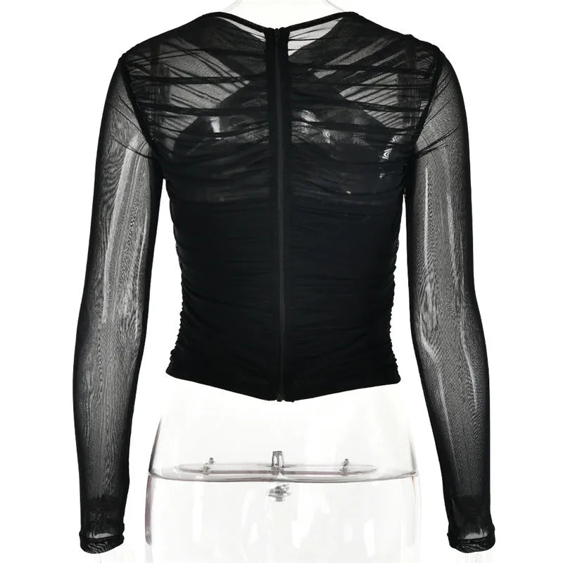 Sheer Mesh Long Sleeve Sexy T-shirt Women 2023 Autumn New V Neck Zipper Layered Skinny Club Party Sexy Tops