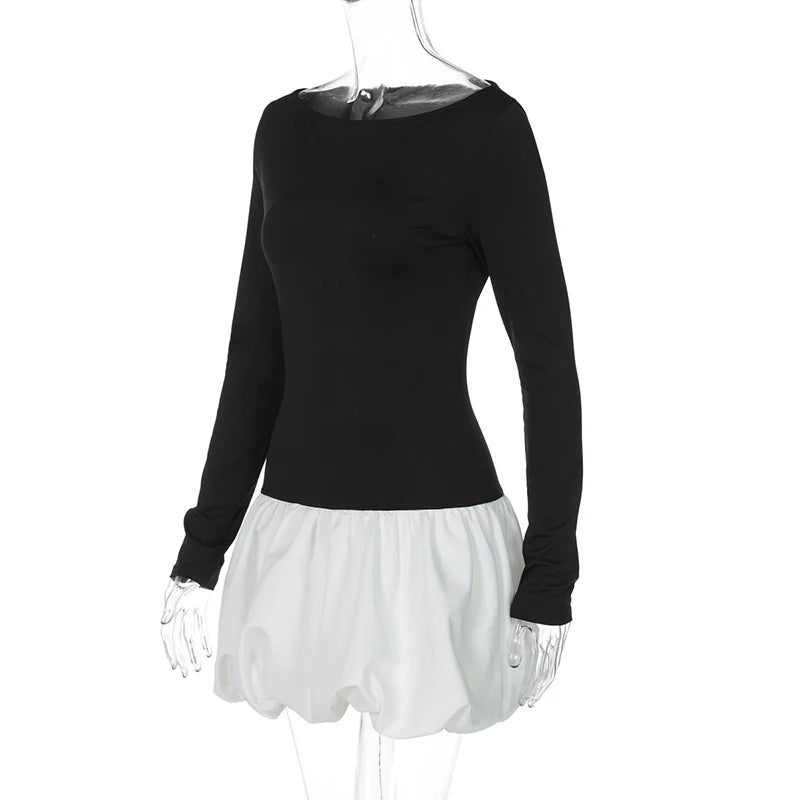 Patchwork Long Sleeve Sexy Mini Dress For Women Color Contrast High Waist A-line Club Party Sexy Puffy Dress Elegant