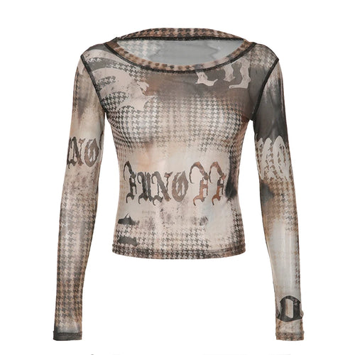 Load image into Gallery viewer, Grunge Fairycore Printed Mesh Top Long Sleeve T Shirts Slim Vintage Aesthetic 2000s Clothes Stitched Female Tee Cute
