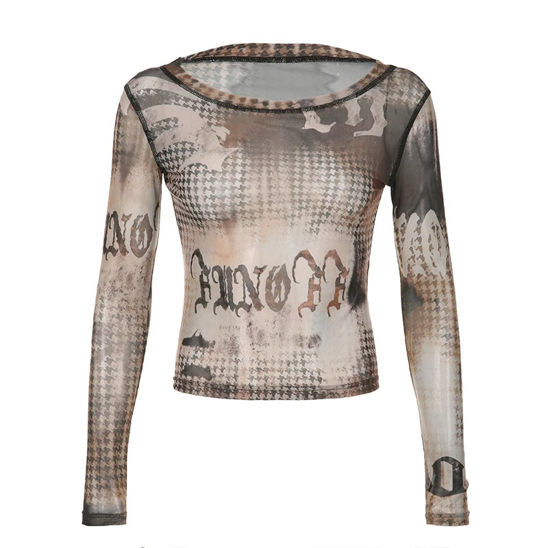 Grunge Fairycore Printed Mesh Top Long Sleeve T Shirts Slim Vintage Aesthetic 2000s Clothes Stitched Female Tee Cute