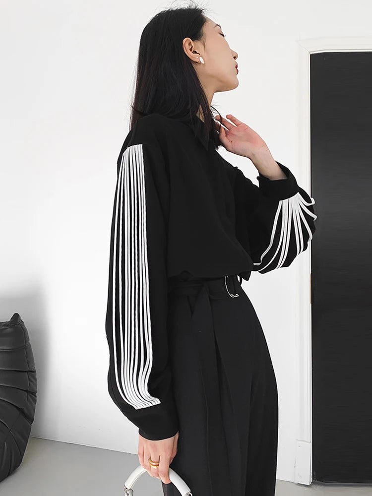 Loose Straight Shirt For Women Lapel Lantern Sleeve Patchwork Colorblock Single Breasted Blouses Female Clothes Fashion