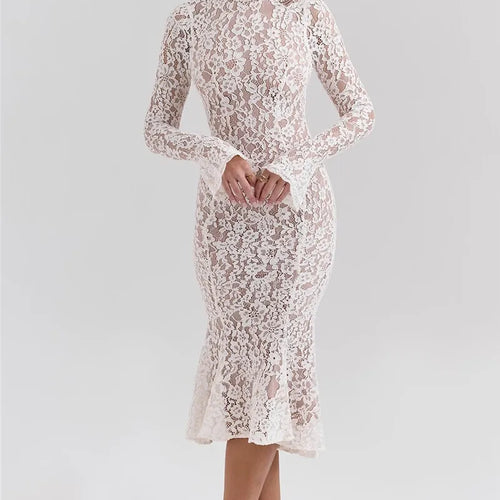 Load image into Gallery viewer, Lace Long Sleeve Sexy Midi Dress For Women Elegant White Half High Collar High Waist Bodycon Club Party Sexy Long Dress
