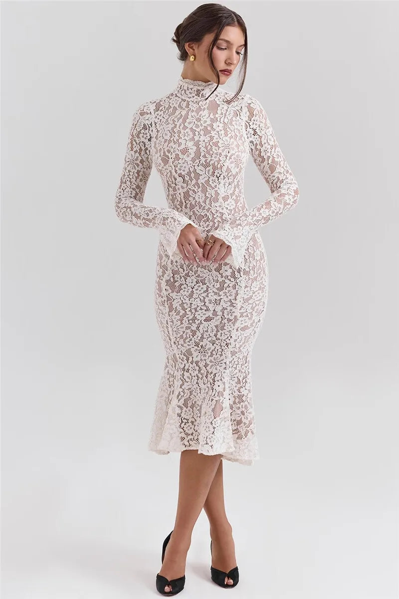 Lace Long Sleeve Sexy Midi Dress For Women Elegant White Half High Collar High Waist Bodycon Club Party Sexy Long Dress