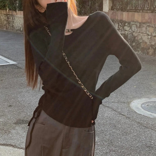 Load image into Gallery viewer, y2k Aesthetic Tops Women Clothes Solid Color Metal Chain Decor Round Neck Long Sleeve Knitted T Shirts 2000s Streetwear
