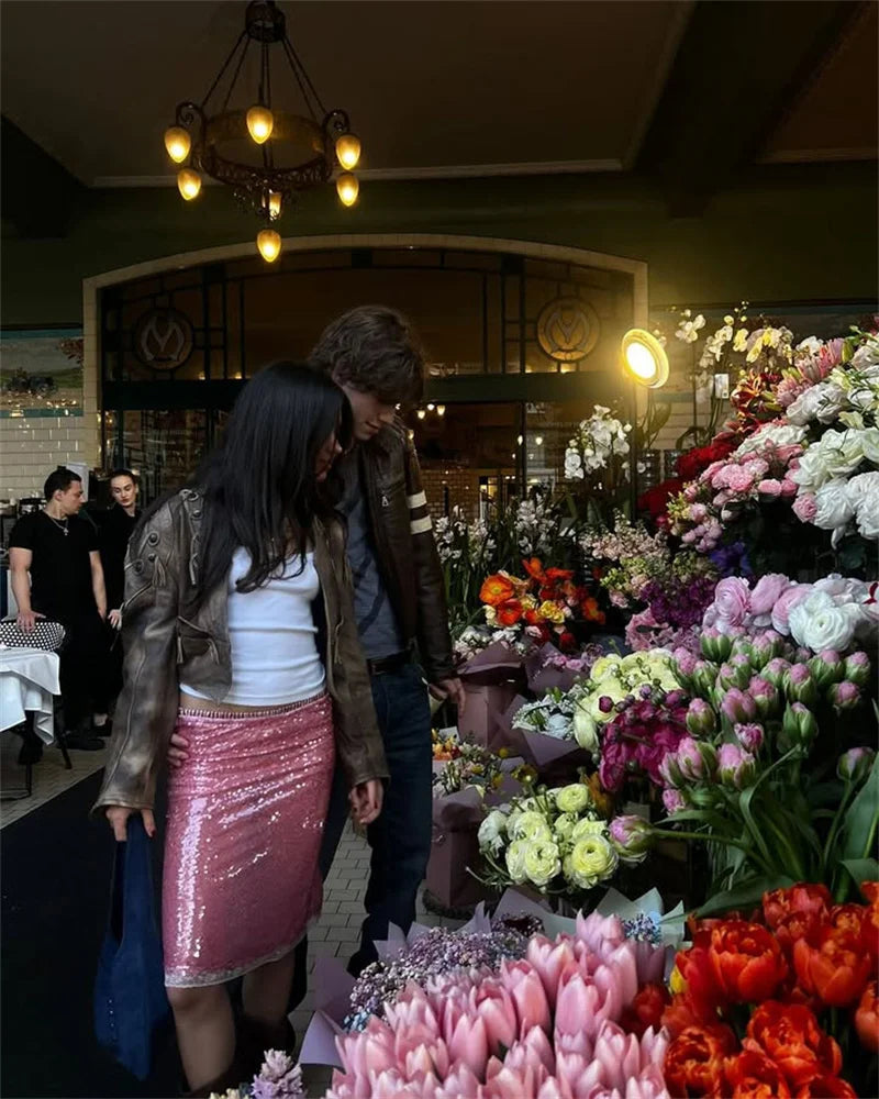 Sequin Summer Beach Sexy Skirt Women Elegant Sparkle High Waist A-line Skirts Female Pink Vacation Club Party Skirt