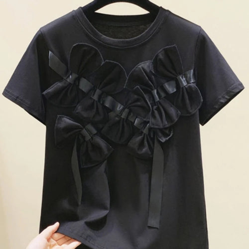 Load image into Gallery viewer, Vintage Patchwork Bowknot T Shirts For Women Round Neck Short Sleeve Casual Solid Pullovers Female Summer Clothing
