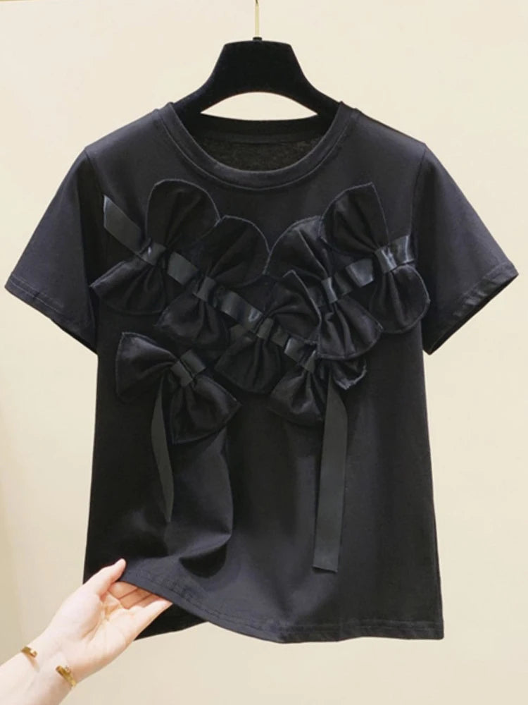 Vintage Patchwork Bowknot T Shirts For Women Round Neck Short Sleeve Casual Solid Pullovers Female Summer Clothing