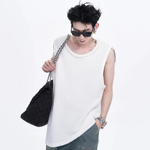 Load image into Gallery viewer, Summer Men&#39;s Wear Pearl Vest Basic Loose T-shirt Solid Color Round Neck Sleeveless Male Tops Korea Fashion 24E1060
