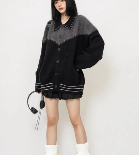 Y2k Aesthetic Contrast Color Patchwork Cardigan Streetwear Turn Down Collar Casual Tops Grunge Single Breasted Vintage Sweater