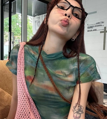 Gauze Tie-dye Woman Tshirts Short Sleeve O-neck Tees Fashion Casual Summer Camisetas Crop Tops Korean Tunic Sexy Y2k T-shirts
