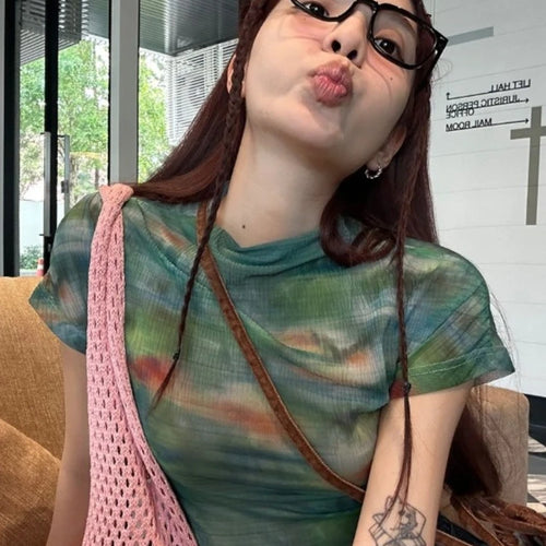 Load image into Gallery viewer, Gauze Tie-dye Woman Tshirts Short Sleeve O-neck Tees Fashion Casual Summer Camisetas Crop Tops Korean Tunic Sexy Y2k T-shirts
