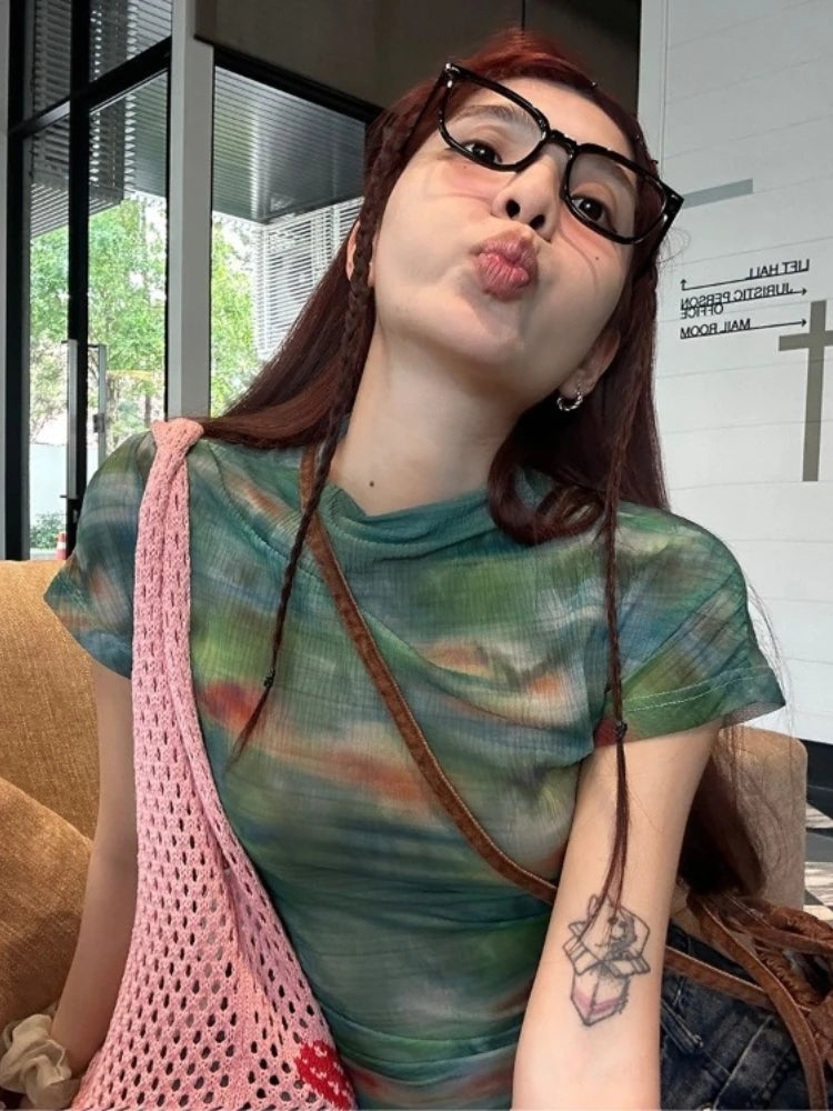 Gauze Tie-dye Woman Tshirts Short Sleeve O-neck Tees Fashion Casual Summer Camisetas Crop Tops Korean Tunic Sexy Y2k T-shirts