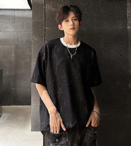 Men's T-shirts Short Sleeve Marble Patterned Printing Design Pockets Stylish Pullover New Korean Style Male Tops 9W1975