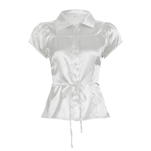 Load image into Gallery viewer, Fashion Polka Dot Printed Satin White Shirts Women Elegant Back Lace-Up Button-Fly Blouse Summer Short Sleeve Top New
