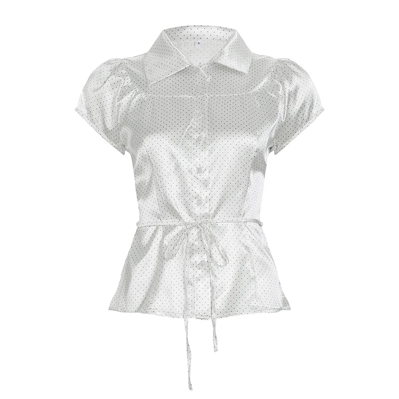 Fashion Polka Dot Printed Satin White Shirts Women Elegant Back Lace-Up Button-Fly Blouse Summer Short Sleeve Top New