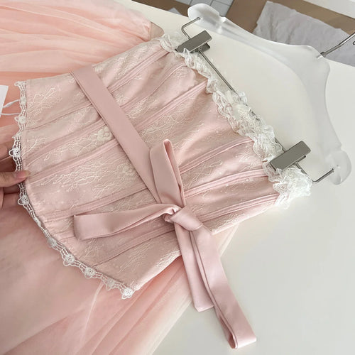 Load image into Gallery viewer, Summer Women French Vintage Pink Patchwork Lace Sexy Backless Strapless Short Tops High Waist Long Mesh Skirt 2025 Two-piece Set
