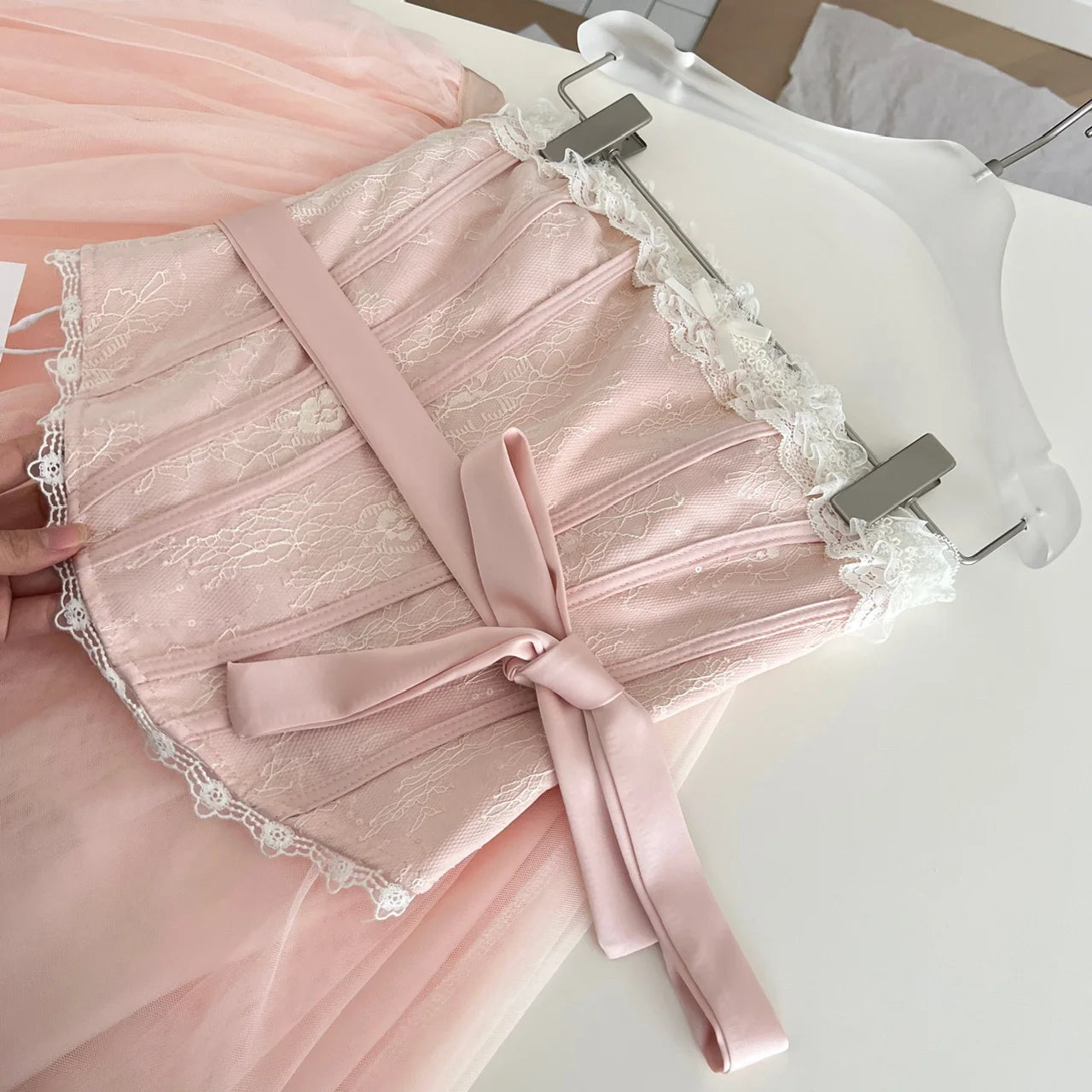 Summer Women French Vintage Pink Patchwork Lace Sexy Backless Strapless Short Tops High Waist Long Mesh Skirt 2025 Two-piece Set
