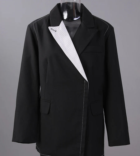 Women Black Striped Color-block Big Size Blazer New Lapel Long Sleeve Jacket Fashion Tide Spring Autumn 2025 2AA2393