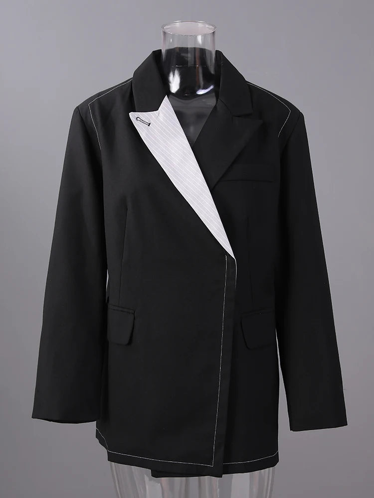 Women Black Striped Color-block Big Size Blazer New Lapel Long Sleeve Jacket Fashion Tide Spring Autumn 2025 2AA2393