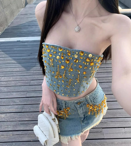 Hit Color Spliced Diamonds Two Piece Set For Women Strapless Top High Waist Skirts Sets Female Fashion Style New