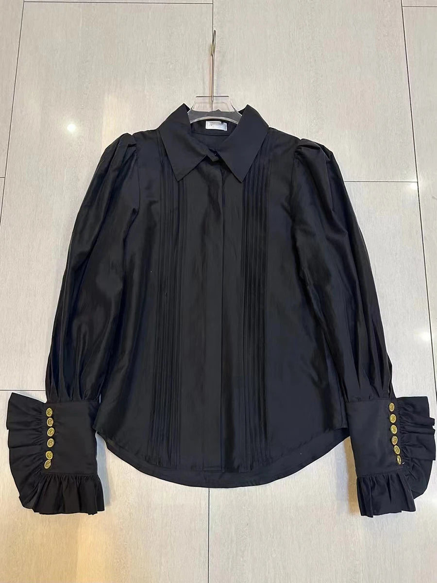 Solid Spliced Folds Fashion Shirts for Women Lapel Long Sleeves Patchwork Buttons Minimalsit Shirt Female Clothing