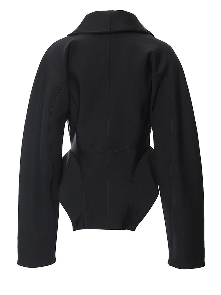 Black Zipper Irregular Shaped Casual Jacket New Lapel Long Sleeve Women Coat Fashion Tide Spring Autumn 2025 7AB4729