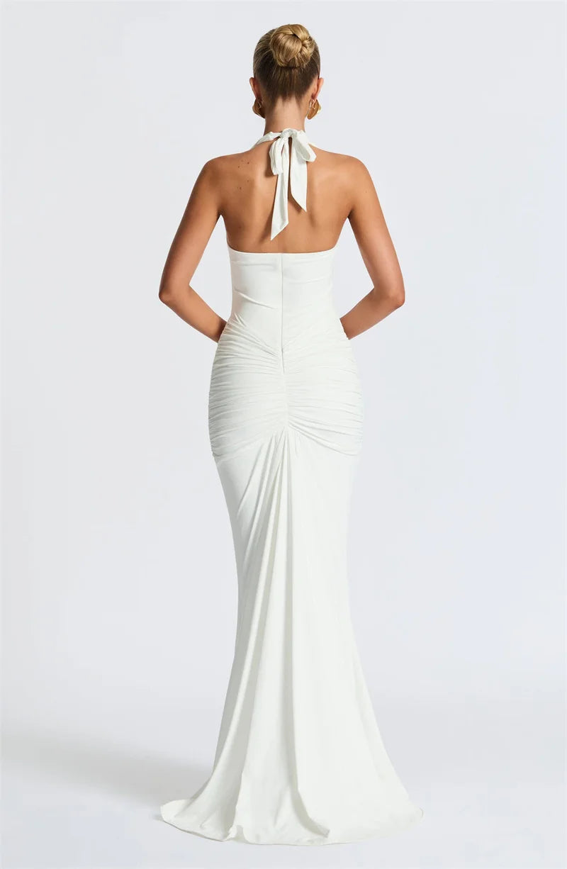 Deep V Neck Backless Ruched Sexy Maxi Dress Women Gown Summer Halter Sleeveless Draped Club Party Long Dress 2025