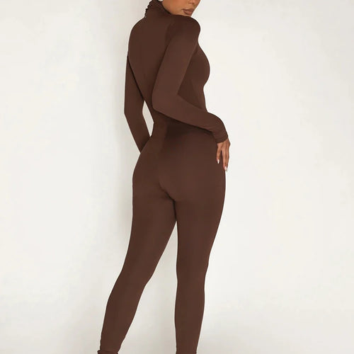 Load image into Gallery viewer, High Neck Long Sleeve Zipper Long Sleeve Jumpsuit Women Elastic Tight Casual Female Jumpsuit Temperament Outdoor Sporty
