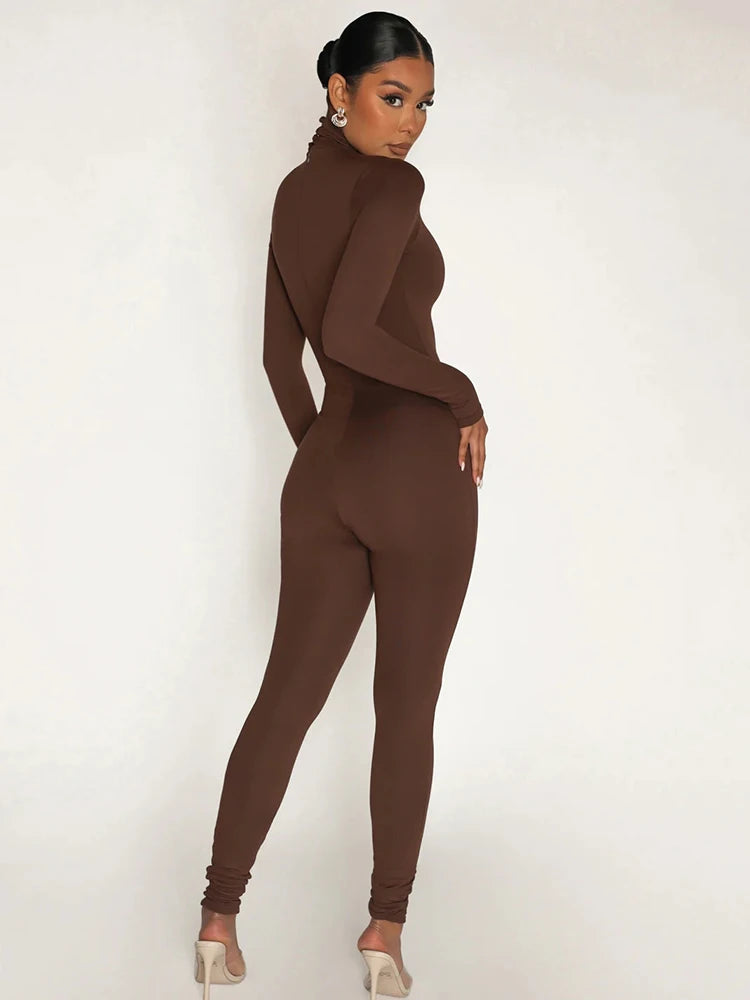 High Neck Long Sleeve Zipper Long Sleeve Jumpsuit Women Elastic Tight Casual Female Jumpsuit Temperament Outdoor Sporty