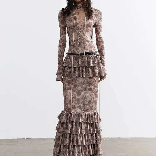 Load image into Gallery viewer, Women Beige Hollow Out Bandge Ruffles Long Elegant Dress New V-Neck Long Sleeve Fashion Tide Spring Autumn 2025 1DH4719
