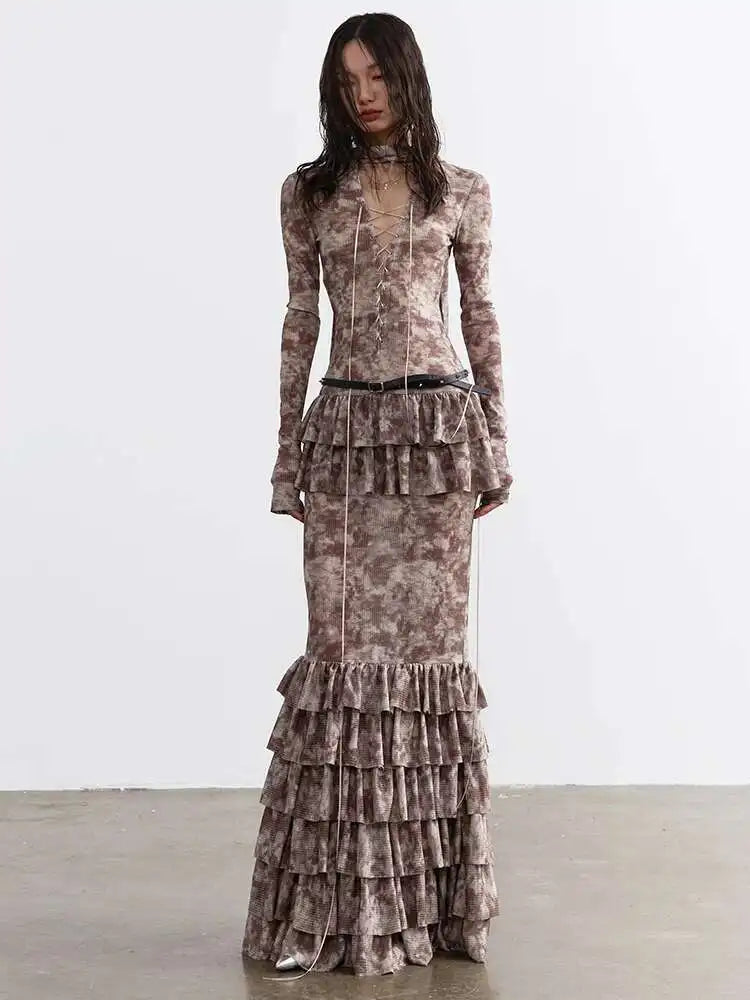 Women Beige Hollow Out Bandge Ruffles Long Elegant Dress New V-Neck Long Sleeve Fashion Tide Spring Autumn 2025 1DH4719