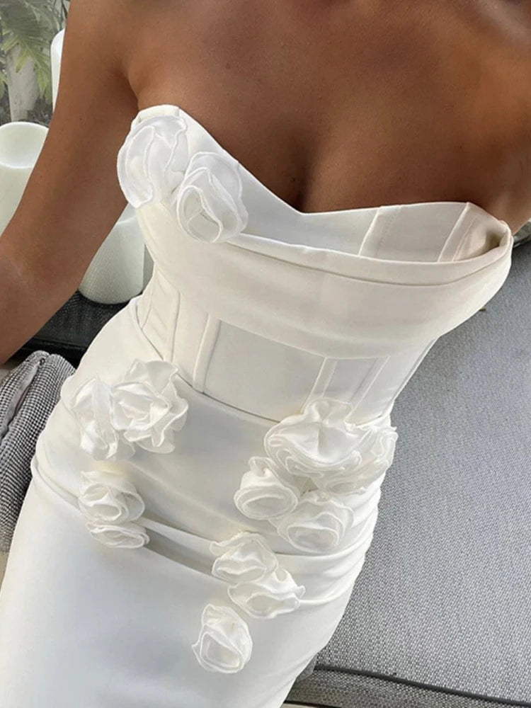 Solid Patchwork Appliques Slimming Dress For Women Strapless Sleeveless Backless High Waist Temperament Dresses Female New